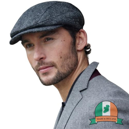 Biddy Murphy Newsboy Flat Cap, 100% Irish Wool - Made in Ireland - color: Gray Herringbone, size: X-Large