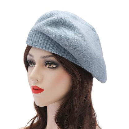 ZLYC Women French Beret Hat Reversible Solid Color Knit Warm Artist Cap - color: Cable Pattern Light Blue