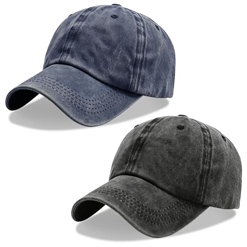 2Pack Vintage Washed Cotton Baseball Caps, Adjustable Low Profile Dad Hat, Unconstructed Distressed Plain Cap for Men Women - color: Black+navy Blue