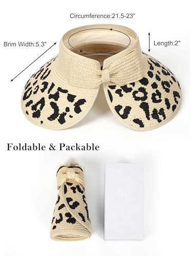 sy soul young Women's Straw Hat with Ponytail Hole Wide Brim Visor Sunhat - color: Beige With Leopard 2