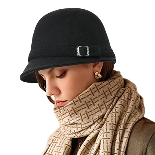 Winter Cloche 100% Wool Bucket Hat for Women Elegant Dress 1920s Vintage Fedora Hats Church Derby Party Fashion - color: 2black