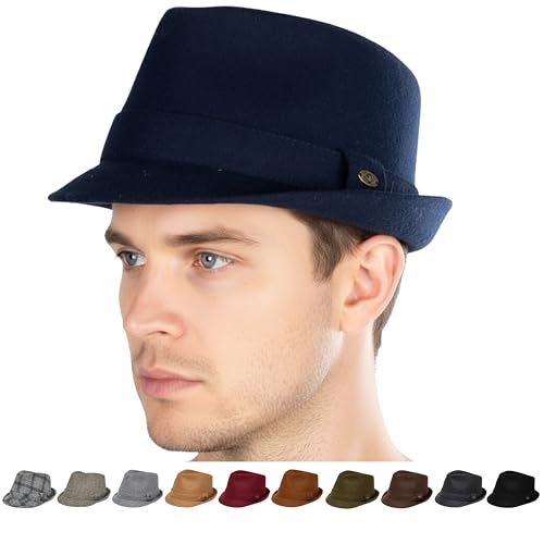 Funky Junque Mens Wool Blend Fedora, Vintage Winter Dress Hat - color: Navy, size: 6 3/4-7 1/8