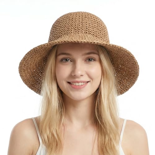 Straw Beach Sun Hats for Women Foldable Floppy Wide Brim Summer Travel Straw Sun Hat Packable Straw Bucket Hat - color: Khaki