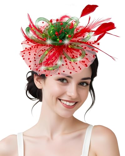 Women Fascinator Hats LED Light Up Headband for Tea Party Halloween Night Headwear Christmas Mardi Gras - color: Red Green