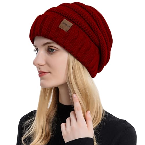 ZOORON Womens Winter Hat Slouchy Beanies for Women Cable Knit Beanie Hats - color: 1pack- Wine Red