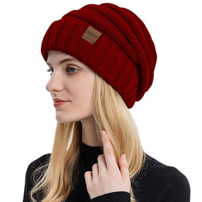 ZOORON Womens Winter Hat Slouchy Beanies for Women Cable Knit Beanie Hats - color: 1pack- Wine Red