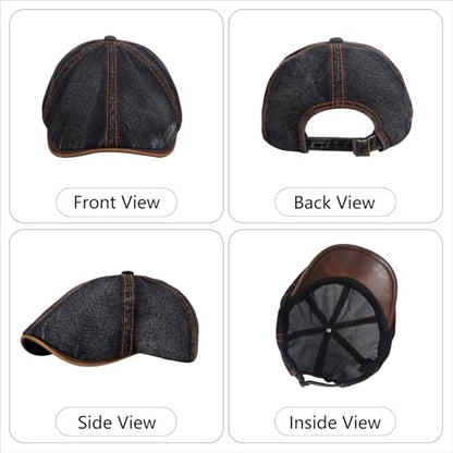 meioro Mens Denim Newsboy Hat 6 Panel Cotton Adjustable Flat Cap - color: Black