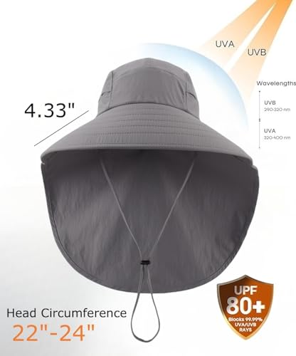 Home Prefer UPF 80+ Sun Hat for Men Women Wide Brim Sun Hat with Neck Flap Summer Beach UV Protection Gardening Fishing Hat - color: Dark Grey
