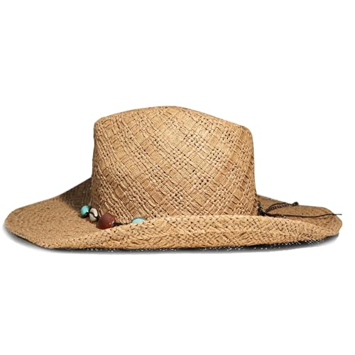 Lucky Brand Women's Straw Cowboy Hat | Rope Design | Western | Style | Fashion | Sun Protection | Breathable - color: Turquoise Beading - Natural
