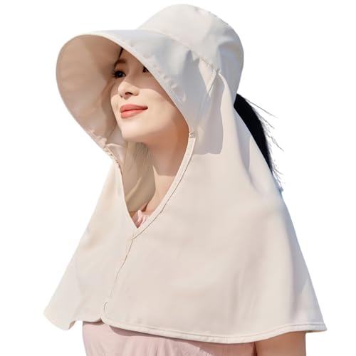 HUAMULAN Women Wide Brim Summer Sun Hat Ponytail Hole with Neck Flap - color: Beige With Neck Flap