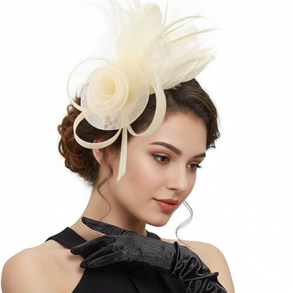 DRESHOW Fascinators Hats for Women Tulle Feather Tea Party Fascinator Hats - color: Cream White