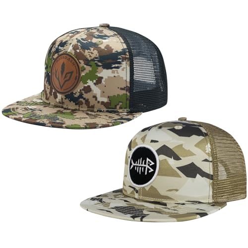 BASSDASH 2 Pack Flat Brim Trucker Cap Adjustable Snapback Hat Mesh Back for Men Women Fishing Hunting - color: Pack of 2, Highland & Mountain Camo