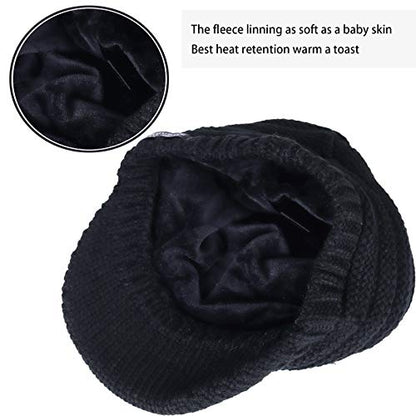 Women's BeanieTail Warm Knit Hat Messy High Bun Ponytail Visor Beanie Cap - color: B324-black, size: Medium