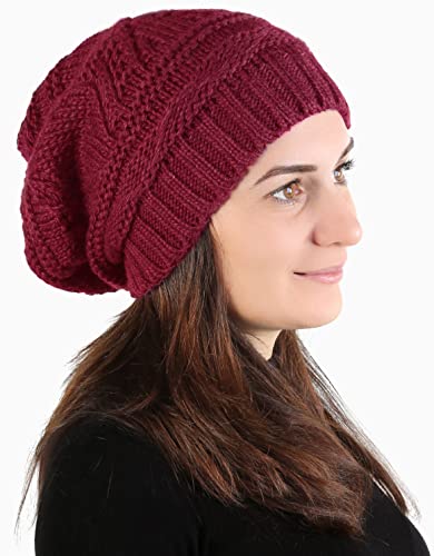 Lilax Knit Slouchy Oversized Soft Warm Winter Beanie Hat - color: Burgundy