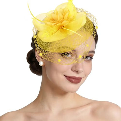 Semato Fascinators Hats for Women Mesh Feathers Elegant Yellow Tea Party Kentucky Hat Derby Headband with Hair Clip - color: Yellow