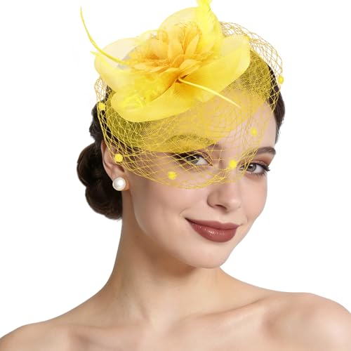 Semato Fascinators Hats for Women Mesh Feathers Elegant Yellow Tea Party Kentucky Hat Derby Headband with Hair Clip - color: Yellow