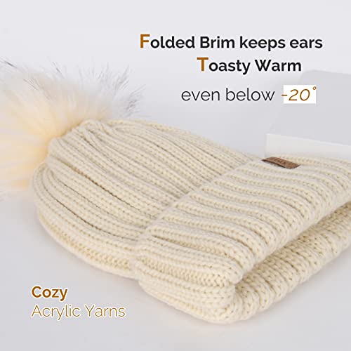 FURTALK Womens Winter Knitted Beanie Hat with Faux Fur Pom Warm Knit Skull Cap Beanie for Women - color: Beige With Beige Pom