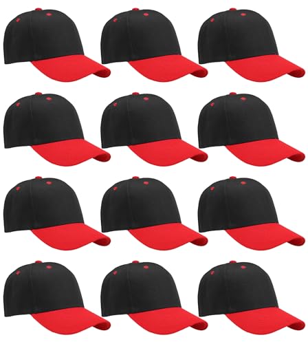 Falari Wholesale Bulk Lot 12-Pack Baseball Cap Adjustable Size Plain Blank Solid Color - color: Black/Red