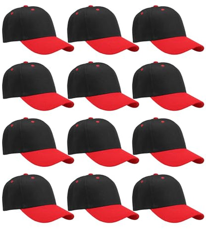 Falari Wholesale Bulk Lot 12-Pack Baseball Cap Adjustable Size Plain Blank Solid Color - color: Black/Red