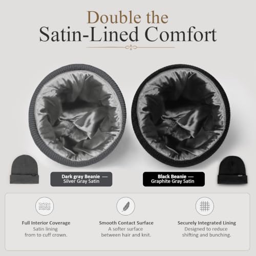 2 Pack Satin Lined Beanies for Men and Women Warm Cuffed Winter Hats - color: Black+dark Grey