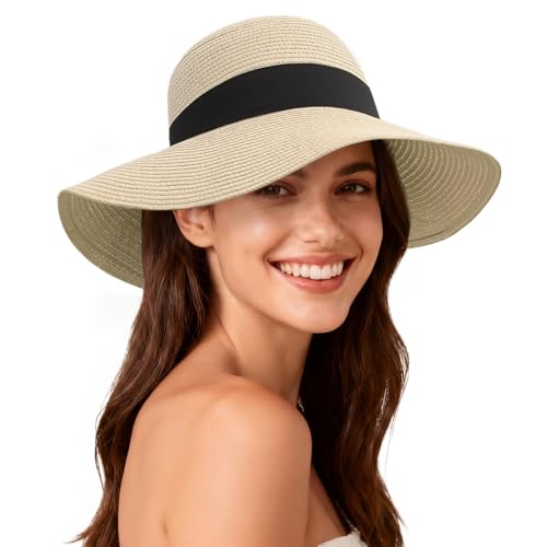 Beach Hat for Women, Wide Brim Sun Straw, UPF 50+ Foldable Floppy Sun Hat - color: A-beige