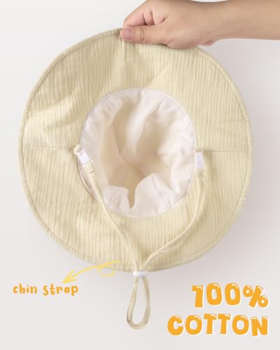 HONGTEYA Baby Sun Hat Muslin Wide Brim Toddler Girl Beach Bucket Hat - color: Yellow/Stripe, size: 0-6 Months
