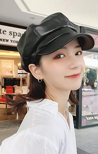 Women PU Leather Newsboy Cabbie Peaked Beret Cap Vintage Baker Boy Visor Hat