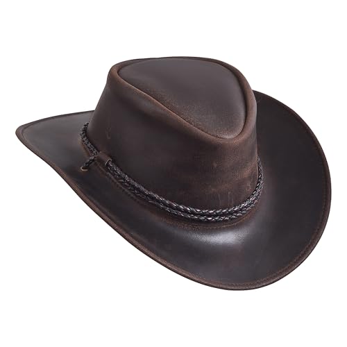 Sidewinder Mens Cowboy Leather Hat Western Style Unisex Shapeable Outback Classic Braided Hatband - color: Dark Brown, size: Medium