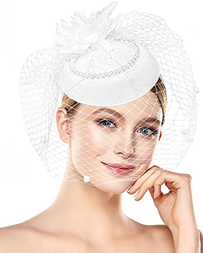 Pillbox Hat with Veil Vintage Fascinators for Women Tea Party Bridal Wedding Halloween First Communion Hats - color: Z-white