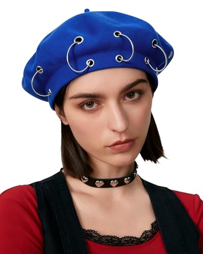 AWAYTR Punk Beret Hat for Women - 90% Wool Blend Goth Alt French Cap - color: Royal Blue