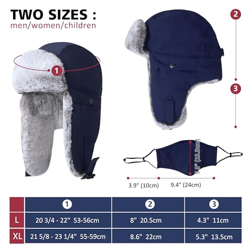 GADIEMKENSD Winter Trapper Hat with Ear Flap Chin Strap and Windproof Mask - color: Navy, size: 6 3/4-7 1/4