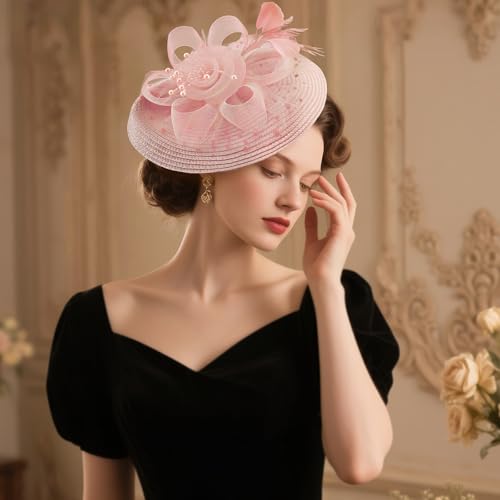 DRESHOW Fascinators Hat Flower Mesh Feathers Hat with a Headband and a Clip 7.9" Tea Party Headwear for Women - color: Folded Style 2: Blush Pink / 7.9"