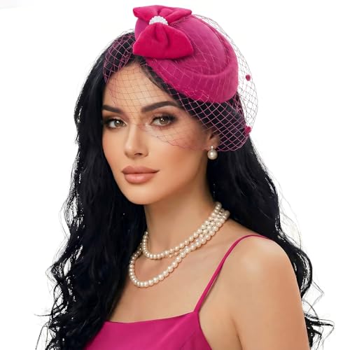 Fascinator Hat for Women Veil Fascinators Tea Party Wedding Retro Pillbox Hats for Cocktail Dresses Accessories - color: Hot Pink