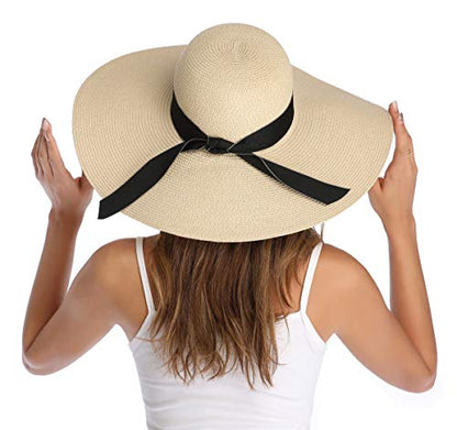 Lanzom Womens Wide Brim Straw Hat Big Floppy Foldable Roll up Cap Beach Sun Hat UPF 50+ - color: Bowknot-beige