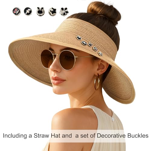 Women's Sun Visor Hats Wide Brim Straw Beach Hat Ponytail Hats for Women Foldable Floppy - color: 1pack-khaki Diy Black