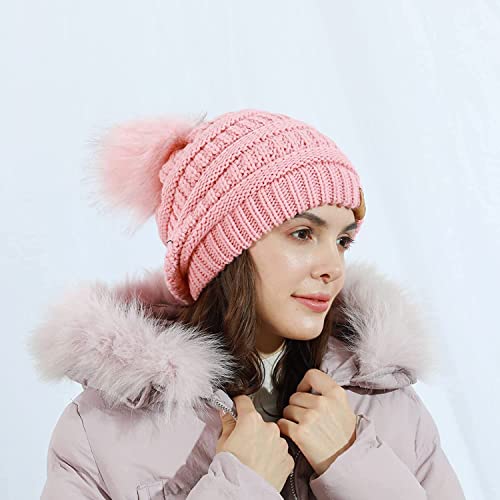 REDESS Women Winter Pom Pom Beanie Hat with Warm Fleece Lined - color: Rose Pink