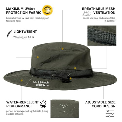 TOP-EX Oversized Waterproof Mesh Sun Hat for Big Heads with Wide Brim - color: Army Green-2.7"brim, size: Medium-Large