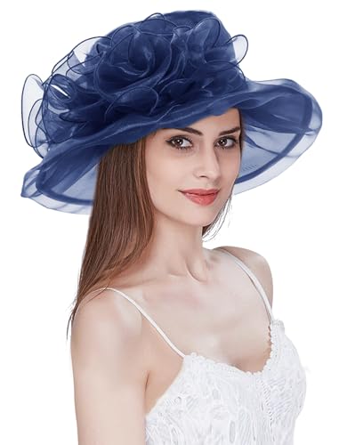 Women Derby Fascinator Hat Organza Church Wedding Hats Wide Brim Cocktail Tea Party Hat - color: 32 Navy Blue