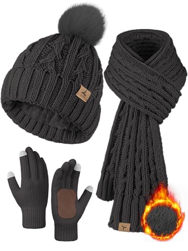 Winter Hat Scarf Gloves Set, Fleece Lined Cable Knit Pompom Hat Women Gift - color: Dark Gray