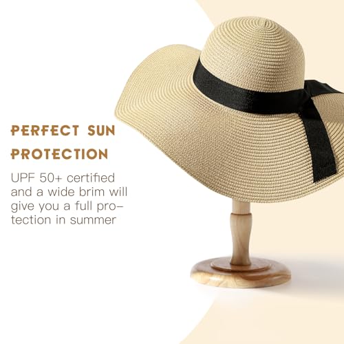 Beach Hat for Women, Wide Brim Sun Straw, UPF 50+ Foldable Floppy Sun Hat - color: B-beige