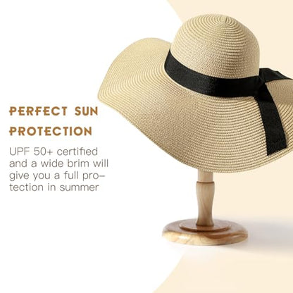 Beach Hat for Women, Wide Brim Sun Straw, UPF 50+ Foldable Floppy Sun Hat - color: B-beige