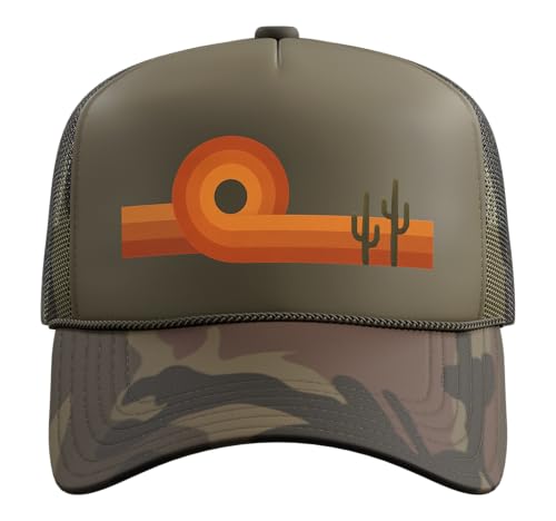 Retro Desert Sunset, Vintage Southwest Cactus Landscape Trucker Hat with Adjustable Mesh Back - color: Camo Green