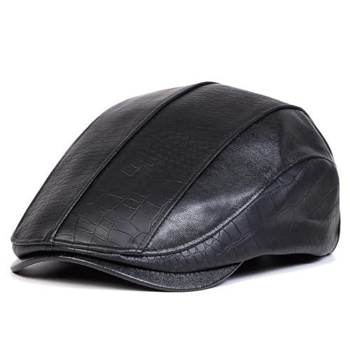 Newsboy Cap for Men, Flat Cap, PU Leather Hat - color: Spliced| Black