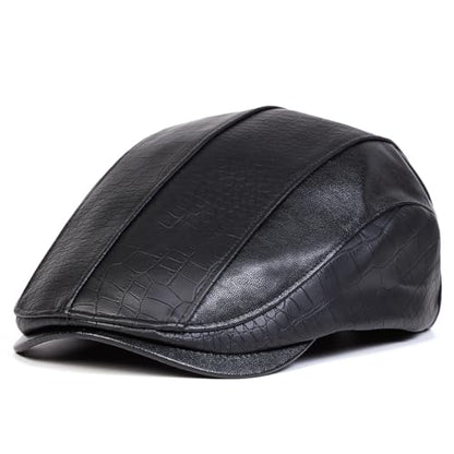 Newsboy Cap for Men, Flat Cap, PU Leather Hat - color: Spliced| Black