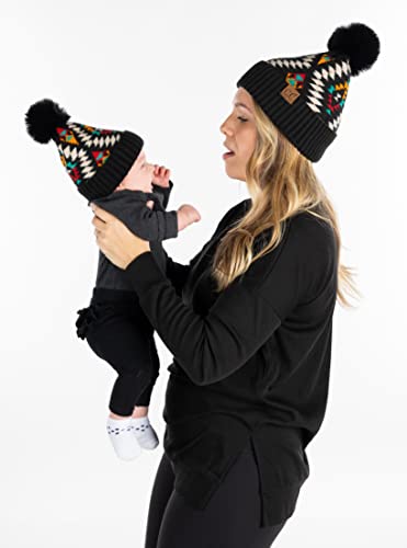 Funky Junque Mommy & Me Pom Pom Beanies Set – Infant Baby & Mom Matching Winter Outfits, Warm Newborn & Women's Beanie Hats - color: Aztec - Black