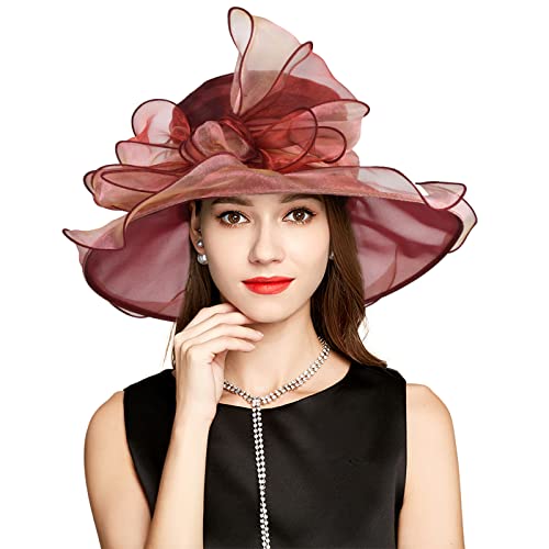 2026 Kentucky Derby Hat for Women Ladies, Organza Veil Feather Fascinator for Tea Party Church UV Protection Sun Hat - color: A2967-burgundy