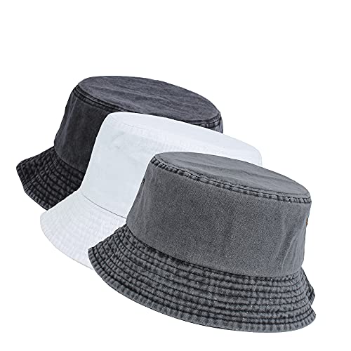 Washed Cotton Bucket Hats Packable Summer Beach Cap for Men Women - color: Ce-bh-black-white-gray