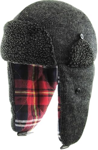 Wool Blend Aviator Trapper hat Trooper Ear Flaps Ushanka Eskimo Russian Warm Winter Cold… - color: Dark Gray Plaid Lining