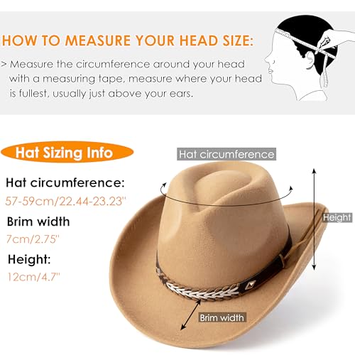 Western Cowboy Hat Felt Wide Brim Women Men Cowgirl Hats - color: Camel