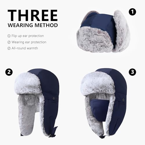 GADIEMKENSD Winter Trapper Hat with Ear Flap Chin Strap and Windproof Mask - color: Navy, size: 6 3/4-7 1/4